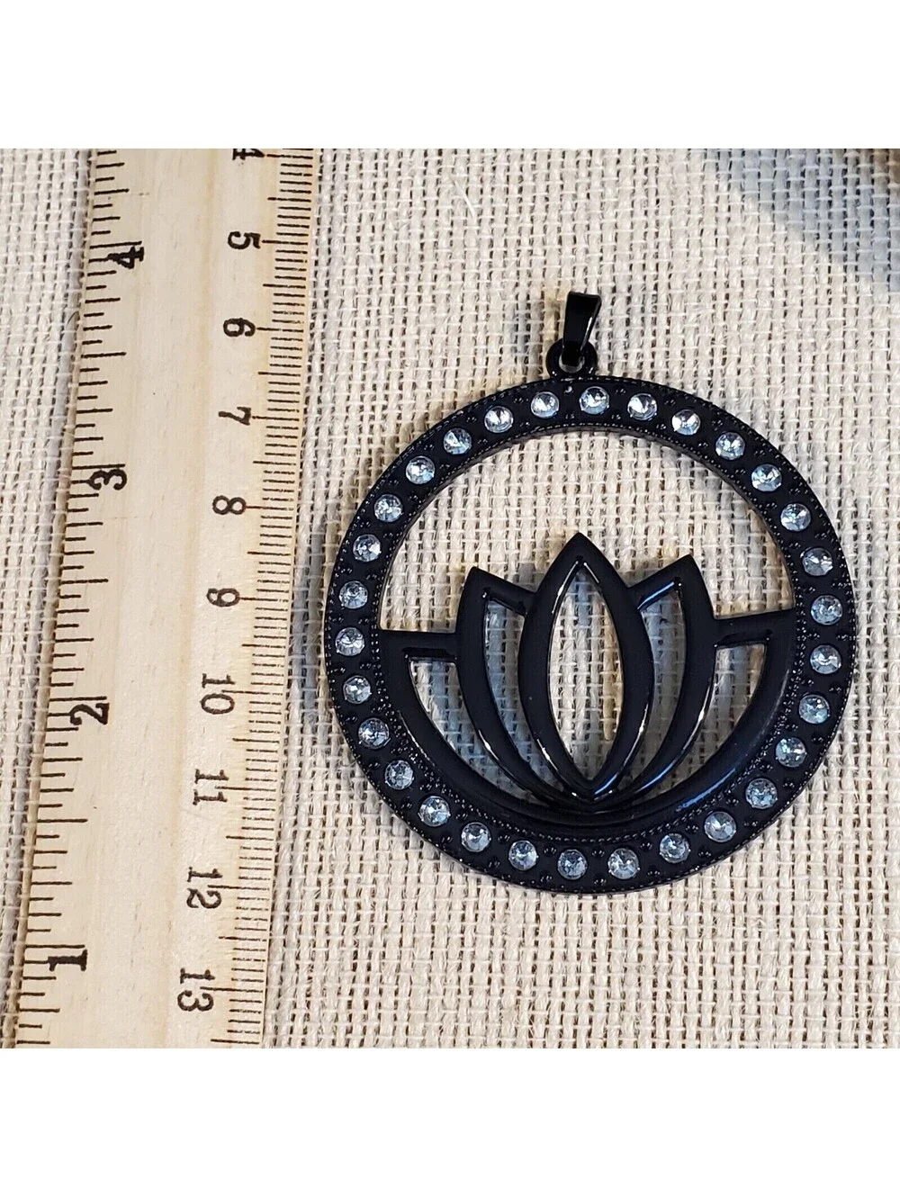 Art Deco Black Lacquer Lotus Flower Yoga Zen Large 63x54mm Crystal Pendant